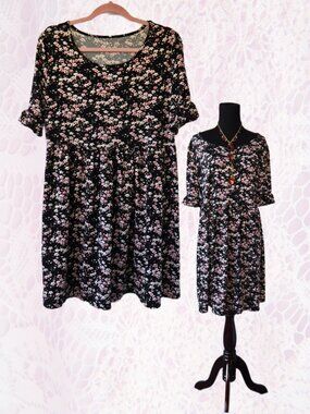 Black & Pink Dress  Floral Print Dress Causal Cottage 1X